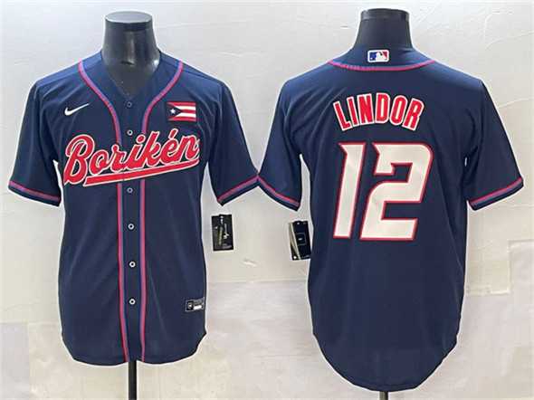 Men%27s Puerto Rico #12 Francisco Lindor Navy 2023 World Baseball Classic Stitched Jersey